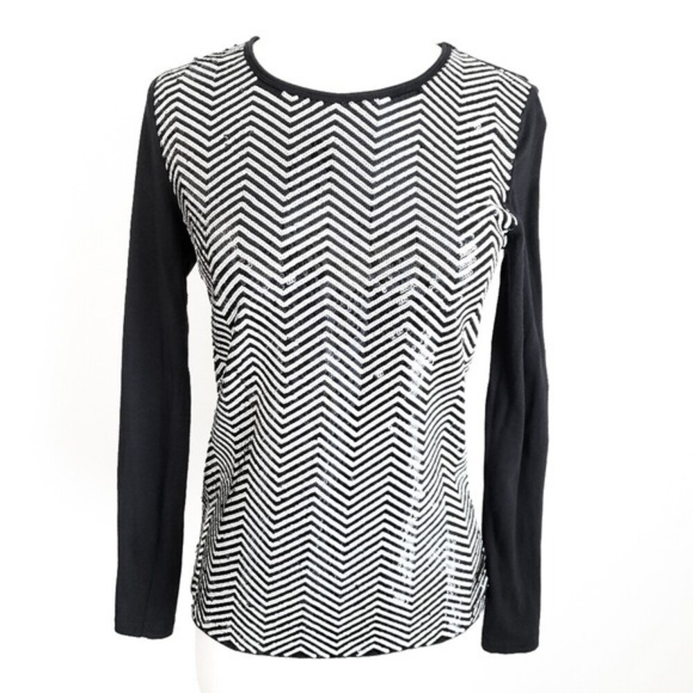 Michael Kors Black & White Sequin Chevron Long-Sleeve Top- Small,‎ S